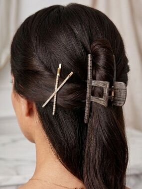 NWT Last Claw Greyish Brown Hair Claw Clip & Gold Rhinestone Bobby Pin Set 4”